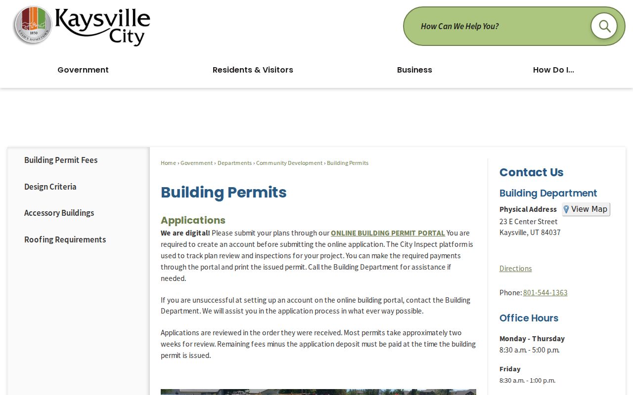 Kaysville street directory building permit portal