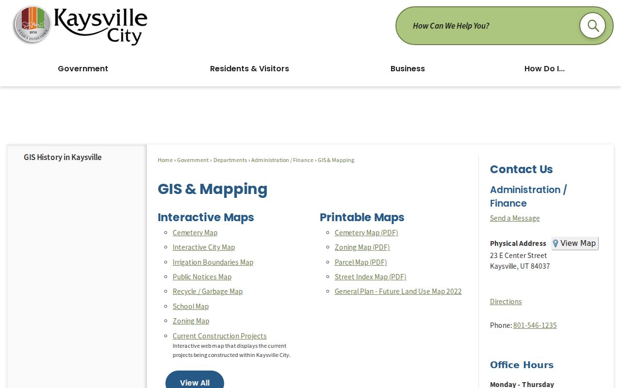 Kaysville street directory GIS mapping catalog